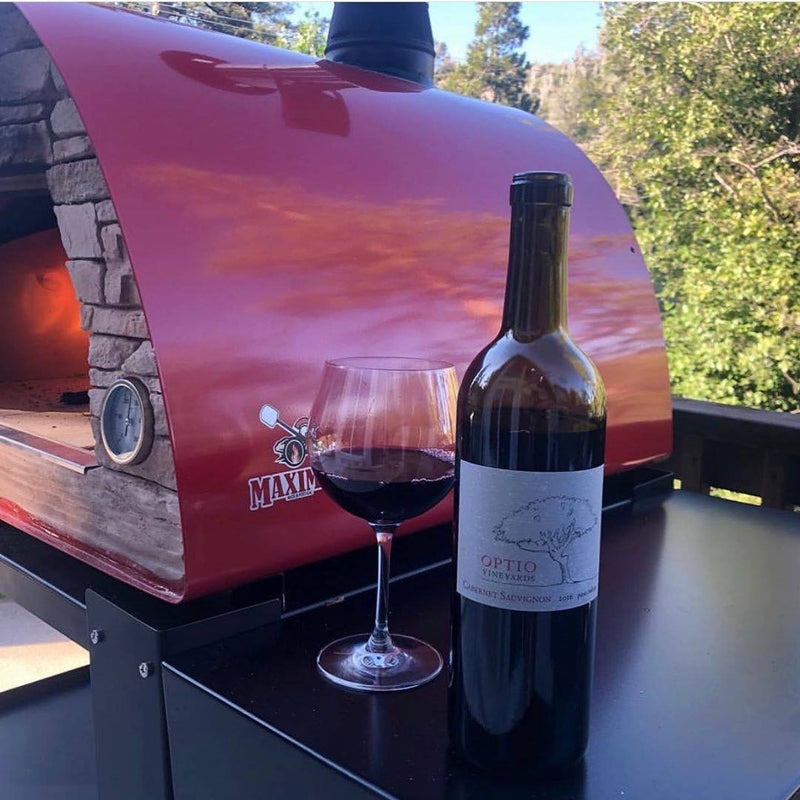MAXIMUS MOBILE PIZZA OVEN RED WITH WINE BOTTLE ON SIDE - Authentic Pizza Ovens Australia