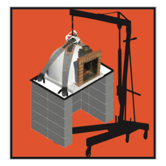 Illustration showing a pizza oven being lowered onto its supporting base