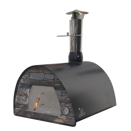 Front view of the Maximus Mobile wood-fired pizza oven in black with stainless-steel chimney