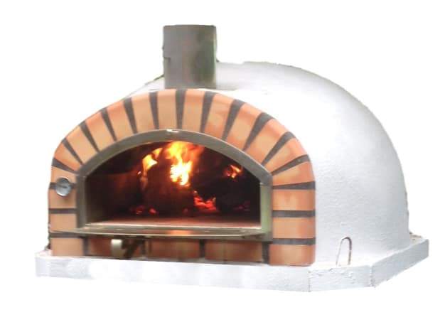 Front view of the Pizzaioli traditional wood-fired pizza oven with a white dome and terracotta brick arch